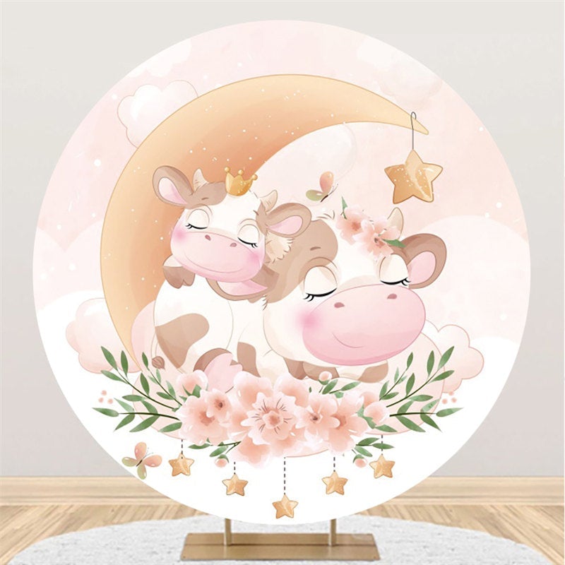 Lofaris Circle Pink Cow And Flower Baby Shower Party Backdrop