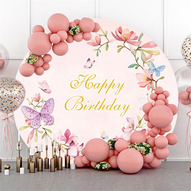 Lofaris Circle Pink Floral And Butterfly Happy Birthday Backdrop