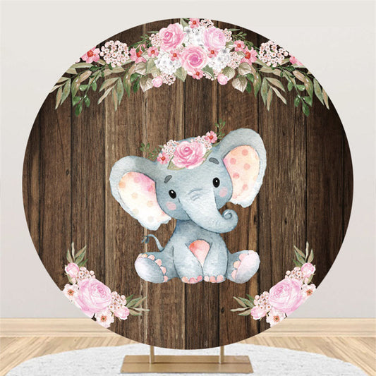 Lofaris Circle Pink Floral Elephant Wood Baby Shower Backdrop