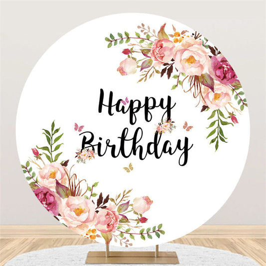 Lofaris Circle Pink Floral White Backdrop For Happy Birthday