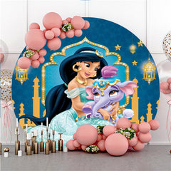 Lofaris Circle Princess And Elephant Navy Blue Birthday Backdrop