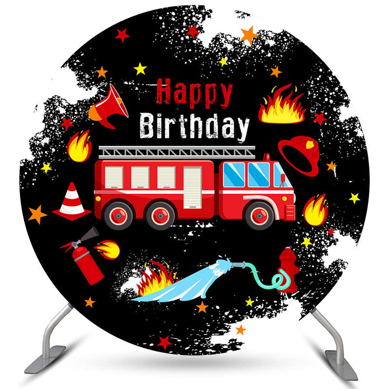 Lofaris Circle Red Fire Truck Black Birthday Party Backdrop For Boy