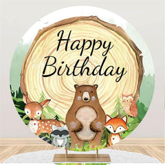 Lofaris Circle Wooden Cute Animals Happy Birthday Backdrop