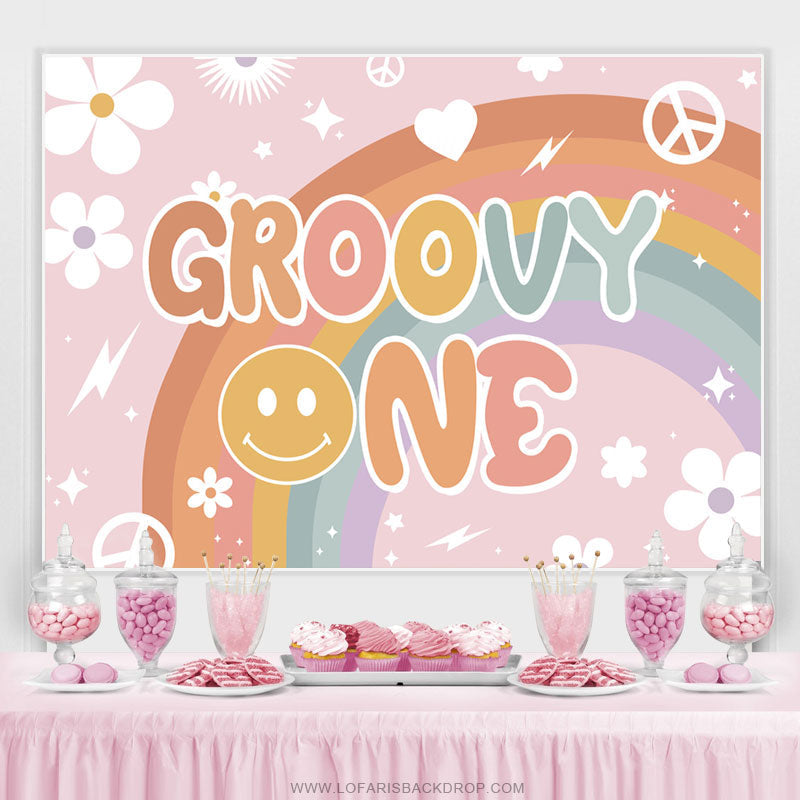 Lofaris (Clearance) White Floral And Rainbow Pink Groovy One Birthday Backdrop