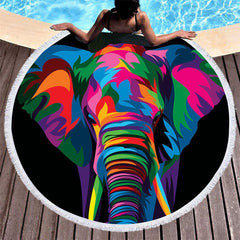 Lofaris Coastal Elephant Rainbow Round Beach Towel With Fringe