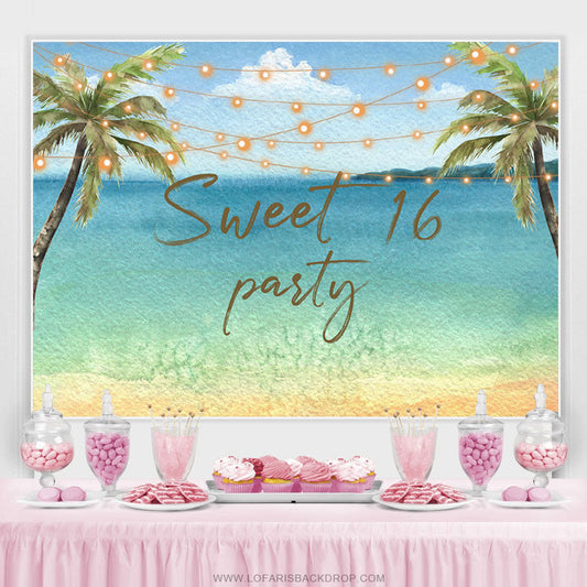 Lofaris Coconet Tree Summer Beach Sweet 16th Birthday Backdrop
