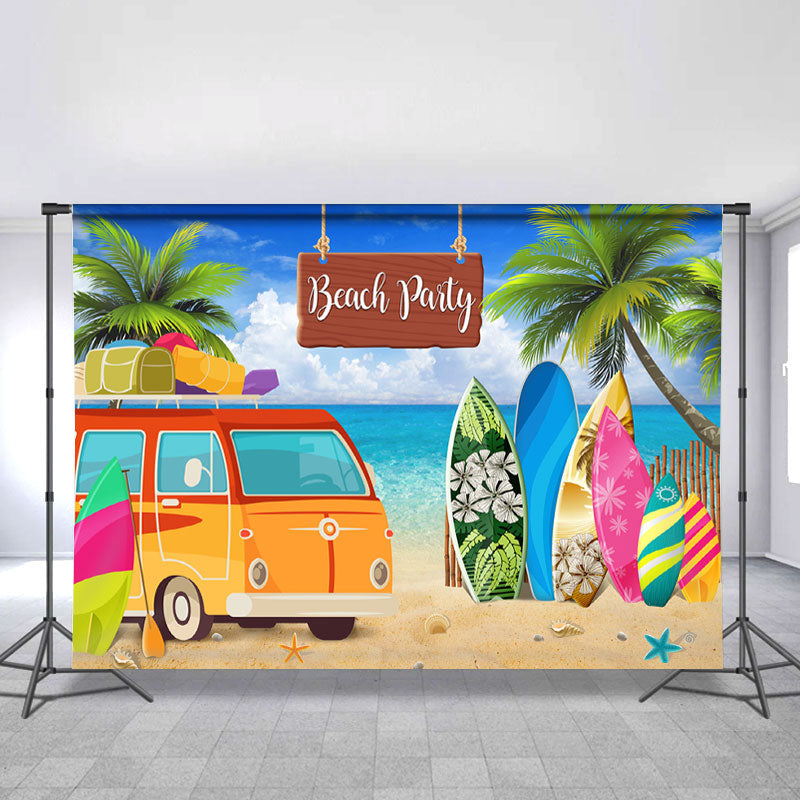 Lofaris Coconut Tree And Summer Beach Bus Happy Party Backdrop