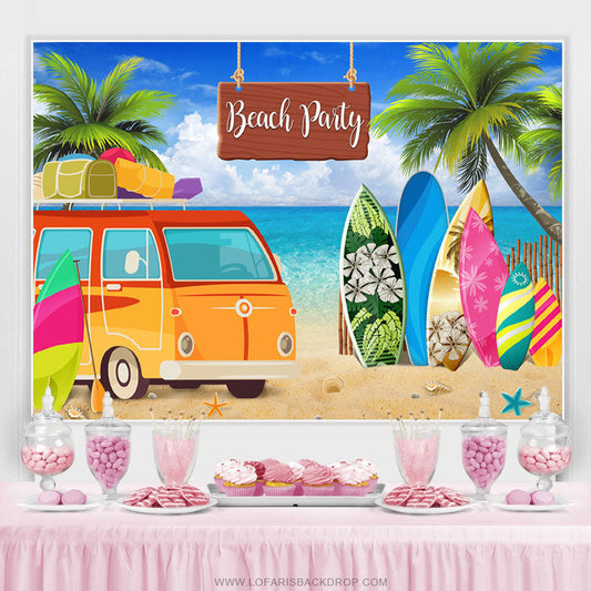 Lofaris Coconut Tree And Summer Beach Bus Happy Party Backdrop