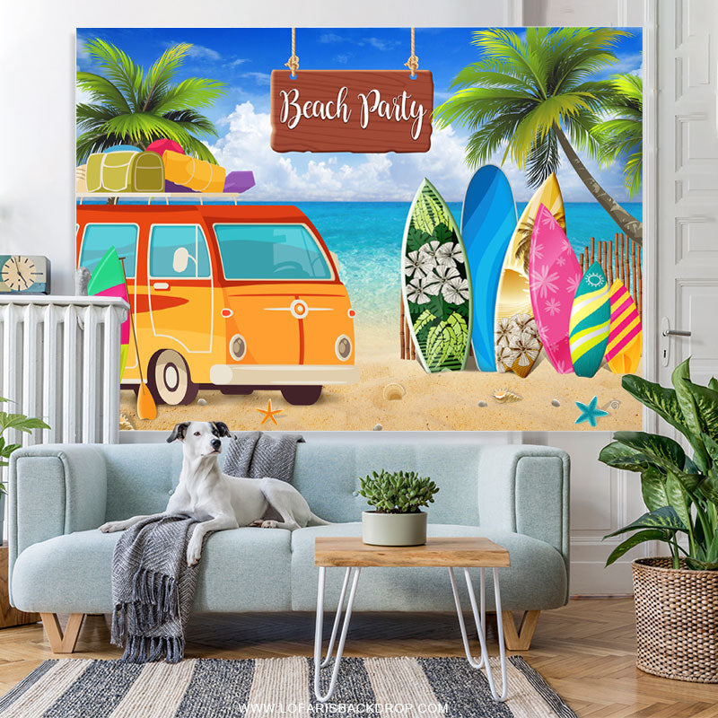 Lofaris Coconut Tree And Summer Beach Bus Happy Party Backdrop