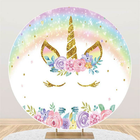 Lofaris Colored Flower Unicorn Round Happy Birthday Backdrop