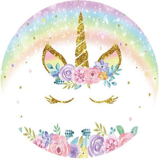 Lofaris Colored Flower Unicorn Round Happy Birthday Backdrop