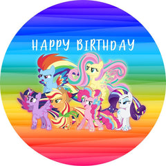 Lofaris Colorful Cartoon Horse Round Happy Birthday Backdrop