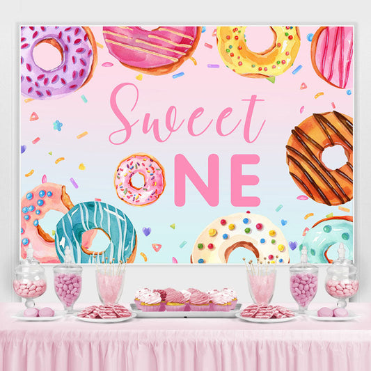 Lofaris Colorful Donut Themed Sweet One Happy Birthday Backdrop
