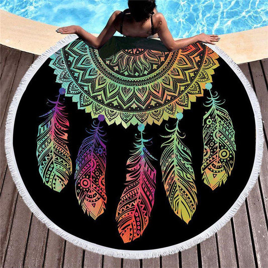 Lofaris Colorful Dreamland Feather Circle Fringe Beach Towel
