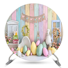 Lofaris Colorful Eggs Floral Wooden Circle Easter Backdrop