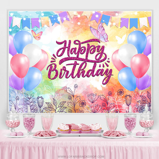 Lofaris Colorful Flags And Balloons Glitter Birthday Backdrop