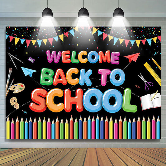 Lofaris Colorful Flags And Pencil Black Welcome Back To School Backdrop