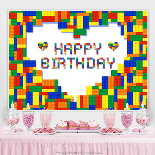 Lofaris Colorful Lego Brick Heart Happy Birthday Backdrop