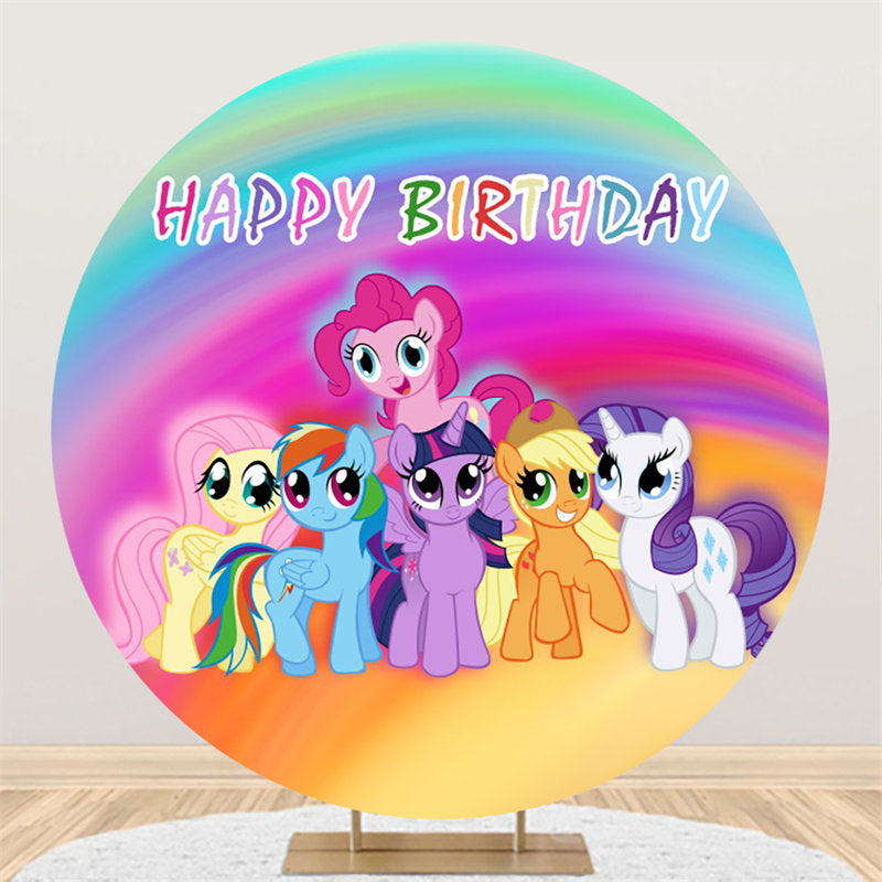 Lofaris Colorful Rainbow And Cartoon Horse Round Birthday Backdrop
