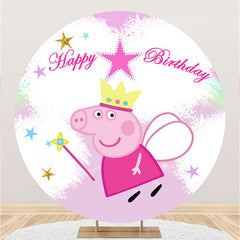 Lofaris Colorful Star Round Pink Cute Pig Birthday Backdrop