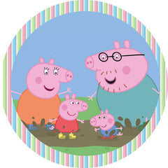 Lofaris Colorful Stripes And Pink Pigs Round Birthday Backdrop