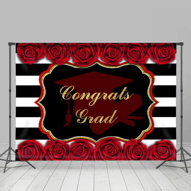 Lofaris Congrats Grad Red Rose Floral Stripes Class of 2022 Congratulate Graduation Backdrop