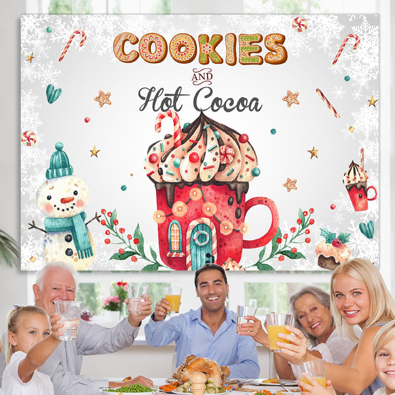 Lofaris Cookies and Hot Cocoa Cute Snowman Winter Backdrop