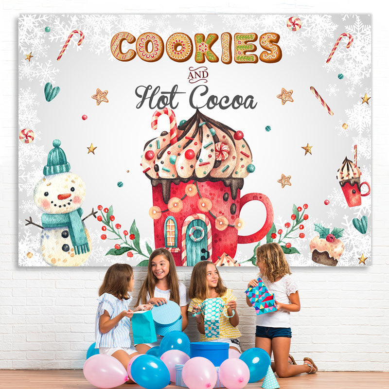 Lofaris Cookies and Hot Cocoa Cute Snowman Winter Backdrop