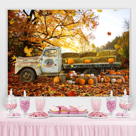 Lofaris Courtyard Full of Maple Leaves Pumpkin Autumn Backdrop