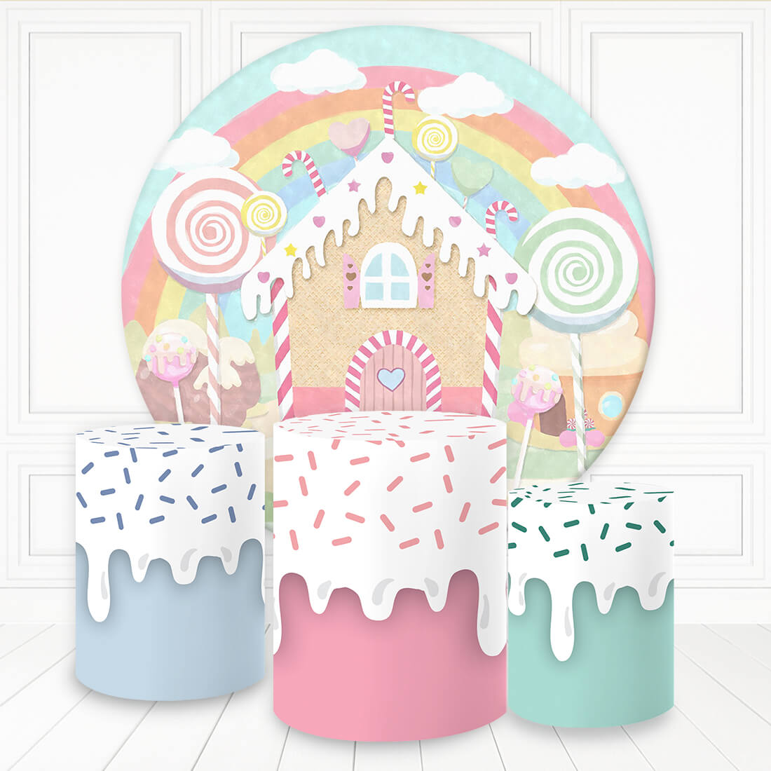 Lofaris Creamy Candy House And Rainbow Round Birthday Backdrop Kit