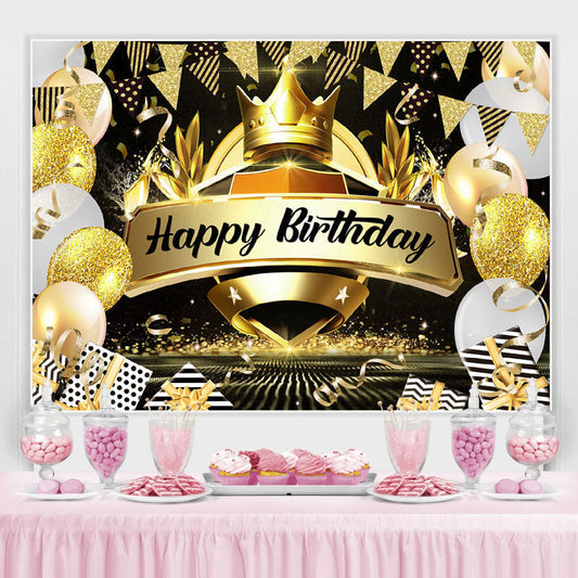 Lofaris Crown Black and Gold Balloon Happy Birthday Backdrop