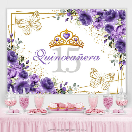 Lofaris Crown Purple Gold Floral 15th Birthday Backdrop For Girl