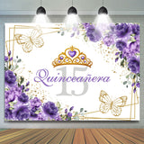 Load image into Gallery viewer, Lofaris Crown Purple Gold Floral 15th Birthday Backdrop For Girl