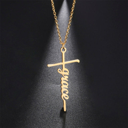 Lofaris Custom 18k Gold Plated Gothic Cross Name Necklace