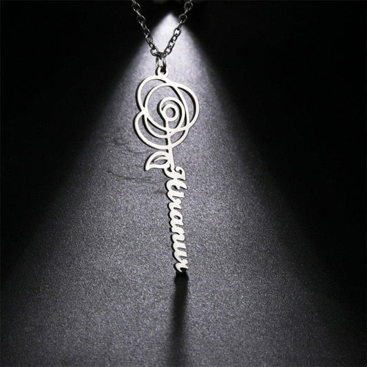 Lofaris Custom Rose Flower Anti-Oxidation Silver Name Necklace
