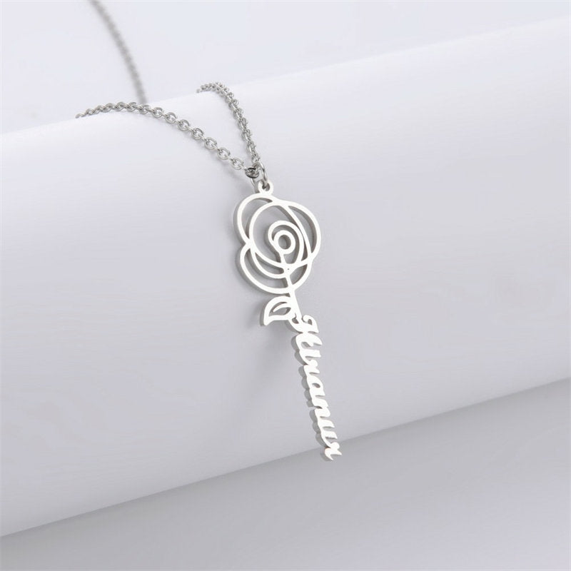 Lofaris Custom Rose Flower Anti-Oxidation Silver Name Necklace