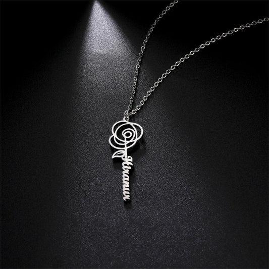Lofaris Custom Rose Flower Anti-Oxidation Silver Name Necklace