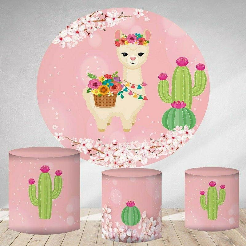Lofaris Cute Alpaca And Cactus Round Pink Birthday Backdrop