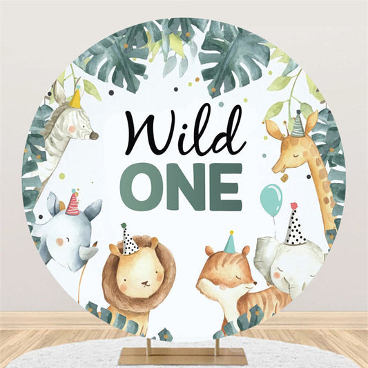 Lofaris Cute Animals And Leaves Round Blue 1st Birthday Backdrop