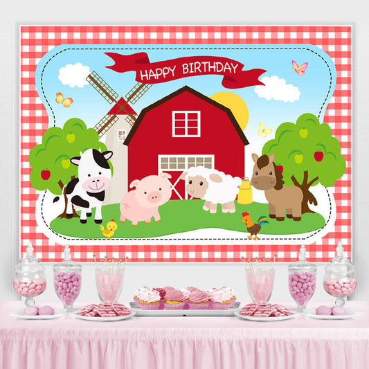 Lofaris Cute Animals And Red House Happy Birthday Backdrop