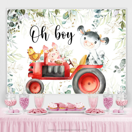 Lofaris Cute Animals And Red Truck Oh Boy Baby Shower Backdrop