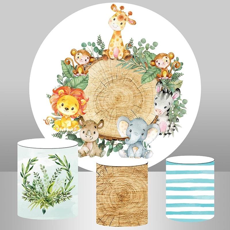 Lofaris Cute Animals With Wood Leave Round Baby Shower Backdrop