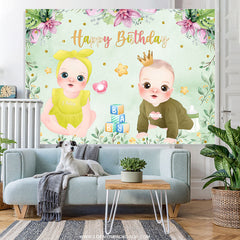 Lofaris Cute Twins Leaves And Flower Green Birthday Backdrop