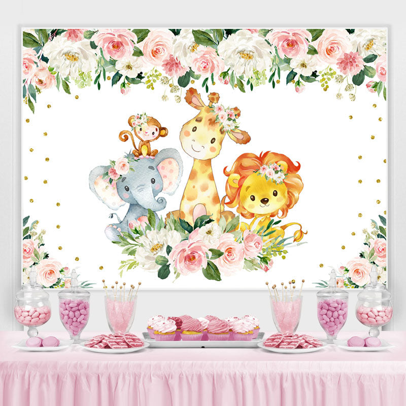 Lofaris Cute Cartoon Animals Pink and White Roses Backdrop
