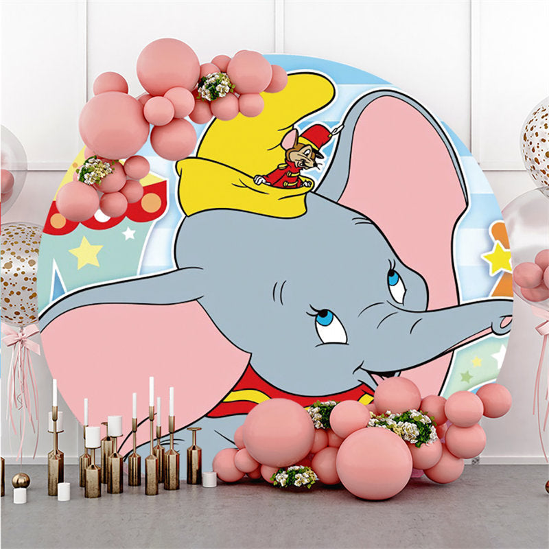 Lofaris Cute Elephant And Mouse Round Happy Birthday Backdrop