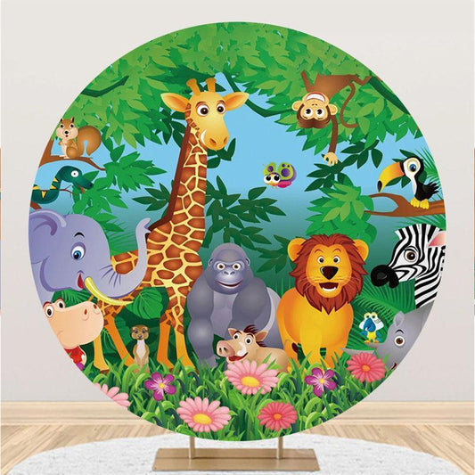 Lofaris Cute Forest Animal And Floral Round Birthday Backdrop