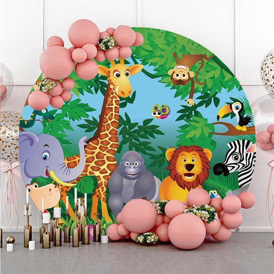 Lofaris Cute Forest Animal And Floral Round Birthday Backdrop