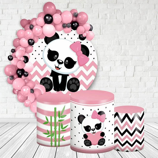 Lofaris Cute Panda Round Pink Happy Birthday Party Backdrop Kit