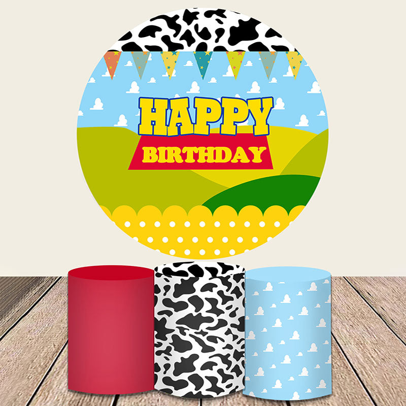 Lofaris Cute Pattern Green Hill Happy Birthday Round Backdrop Kit