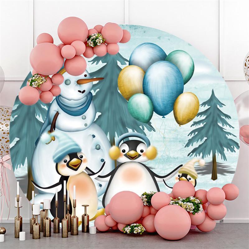 Lofaris Cute Penguin Winter Snowman Balloon Round Backdrops